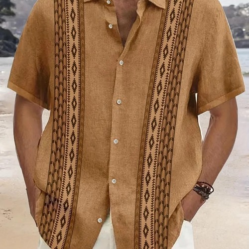 Men's Guayabera Shirt Short Sleeve - Cuban Style, Snap Buttons, 4 Pockets, Breathable Fabric, Red