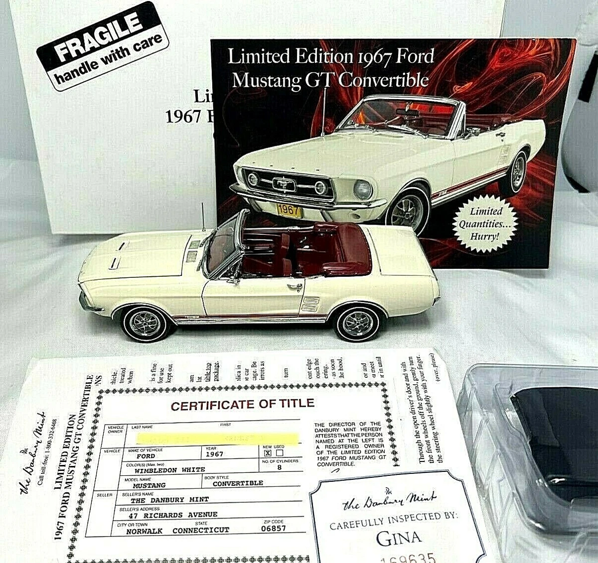 Danbury Mint 1967 Ford Mustang GT Convertible White 1 24 LE Box