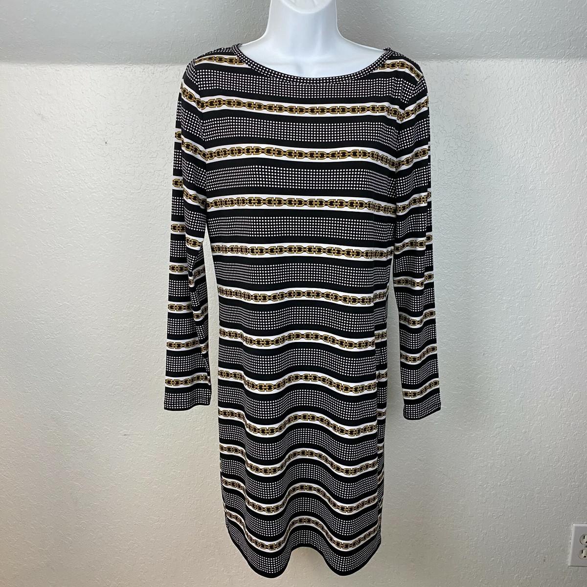 michael kors dress with gold chain striped polka dots black white long sleeved M tank watch