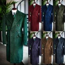 Corduroy Men's Overcoat Double Breasted Wide Lapel Casual Warm Outdoor Long Coat