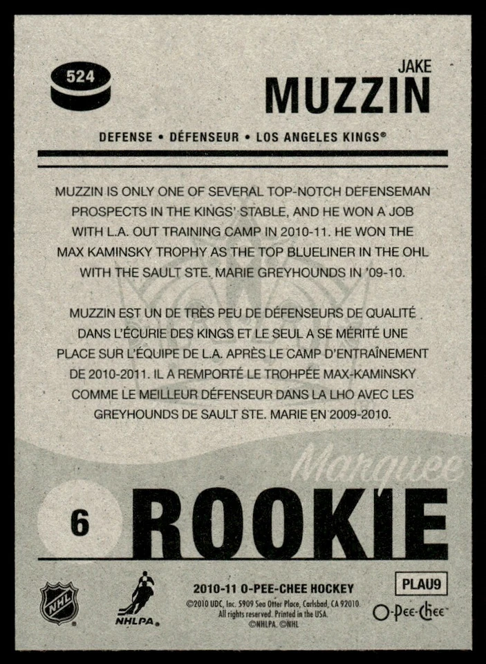 2010-11 O-Pee-Chee MARQUEE ROOKIE Jake Muzzin Rookie Los Angeles Kings #524 - Image 2 of 2