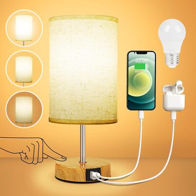 Touch Control Bedside Lamps, 3-Way Dimmable Table Lamp with USB A+C  Charging UK