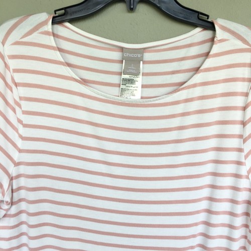 Chico’s Pink Striped Tie Hem Top Women 2 | M Short Sleeve Stretchy Preppy Casual - Picture 4 of 11