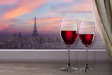 view of Paris France sunset with glass of red wine ceramic tile mural backsplash