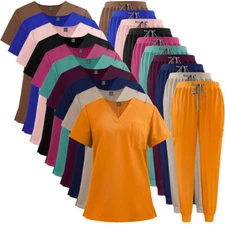 Summer NiaaHinn Scrub Nurse Medical Uniform Set Women Men V-Neck Top Jogger Pant