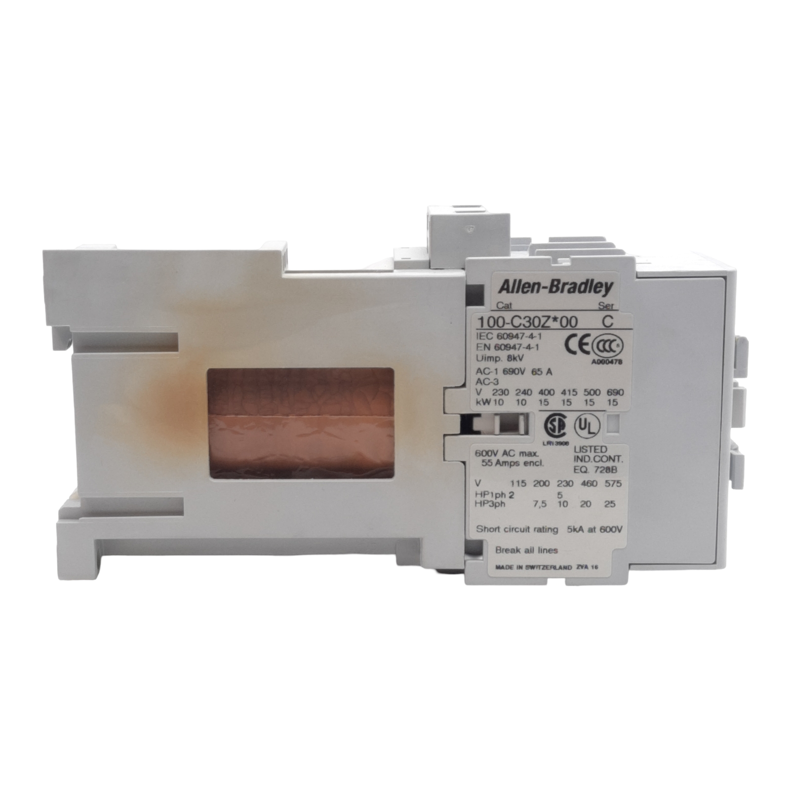 Allen Bradley 100-C30ZJ00 Contactor, 3-Pole, 30A, 600VAC, 24VDC Coil, DIN Rail