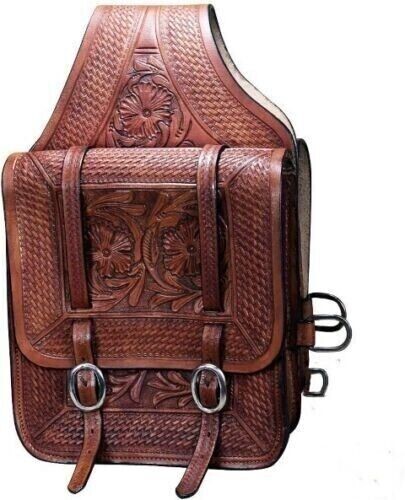 WESTERN SADDLE BAG HORSE COW HIDE GENUINE LEATHER TRAIL TOOLING CARVING