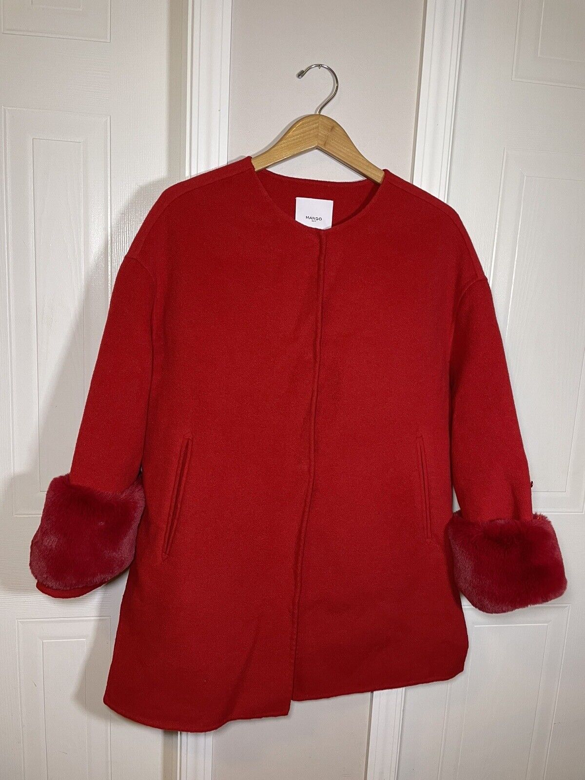 MANGO Women’s XS Red Faux Fur Appliqué Wool Coat … - image 3