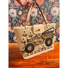 VTG Enid Collins of Texas Model T Jeweled Burlap Wood Box Bag Tote 1963 Novelty