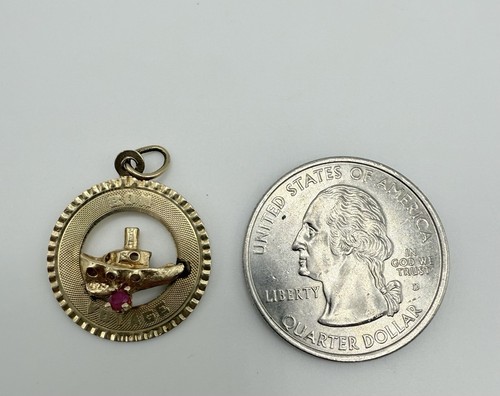 Vintage 14k Yellow Gold Bon Voyage Ship Travel Ruby Pendant Charm - Picture 4 of 5