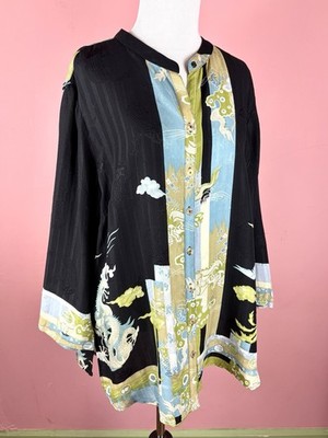 Citron Santa Monica Womens XL 100% Silk Tunic Top Blouse Oriental Asian Print