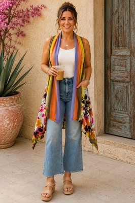 Adore Watercolor Floral Open Front Lagenlook Sleeveless XL Duster Vest LL23