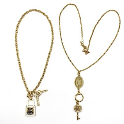 Juicy Couture Gold Tone Set 2 Necklace Key Charm Pendants Chains Heart Lock Y2K