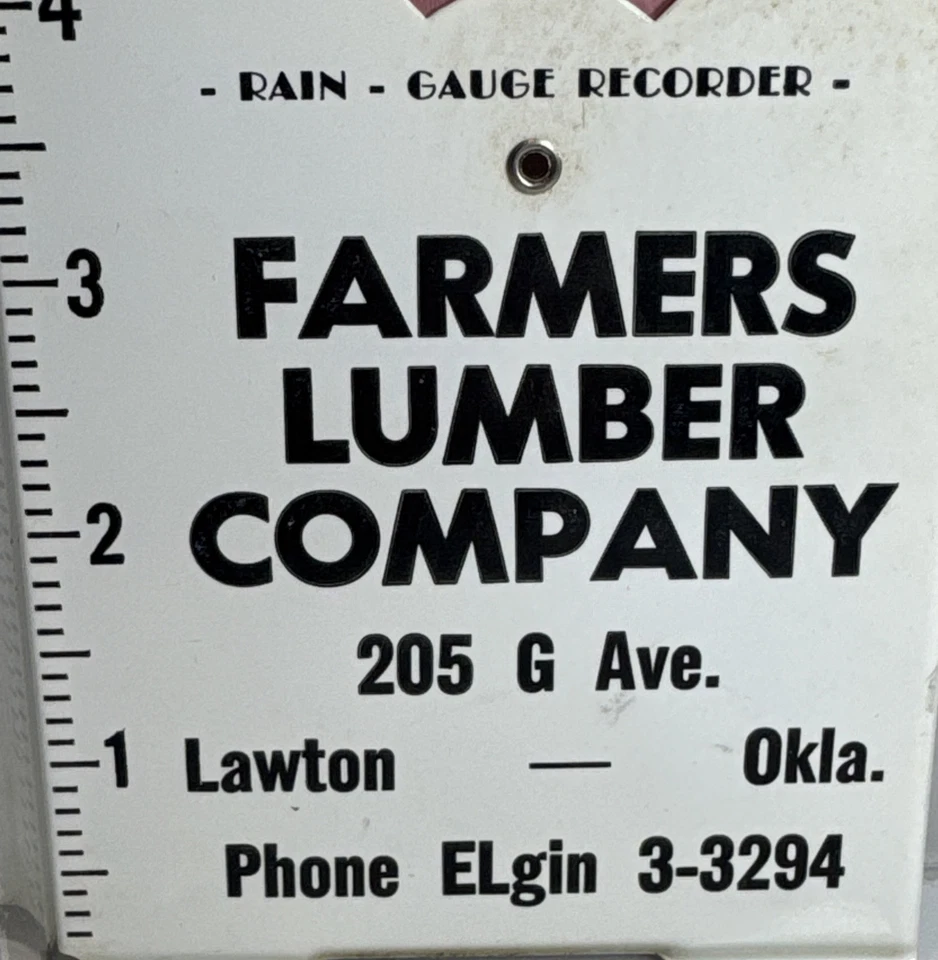 Pluviómetro vintage / Farmers Lumber Company / Lawton Elgin OK / Metal / Vidrio Foto 3 de 4