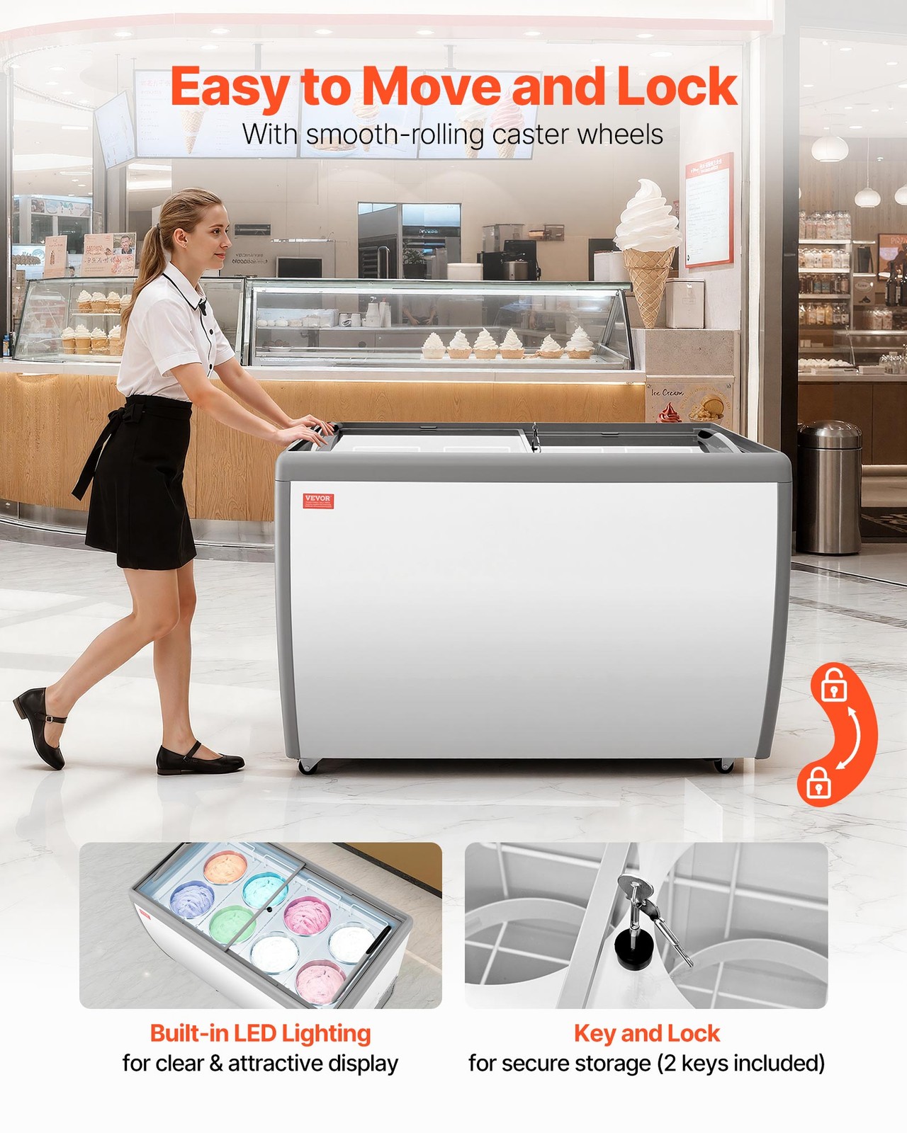 VEVOR Commercial Ice Cream Display Case 13.1Cu.ft Gelato Dipping Freezer Cabinet