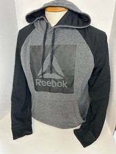 Reebok Pullover Fleece Lined Warm Hoodie Adult Large Big Graphic Logo Black Gray
