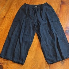 Unused  FLAX S Navy Blue 100 Linen Wide Leg Capri Pants Cropped Tie Cuff
