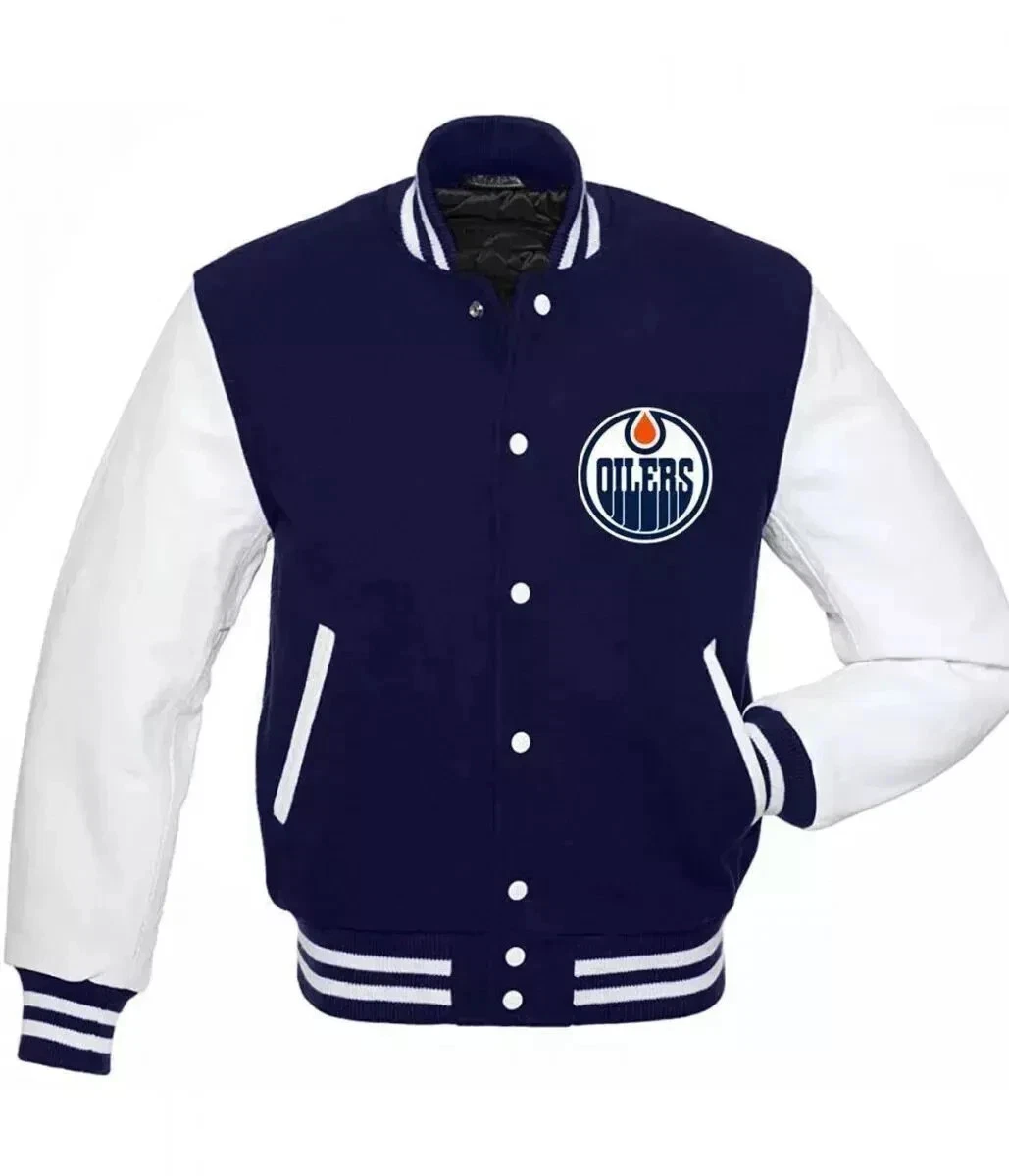 Edmonton Oilers Varsity Jacket Blue/ White Wool & Real Leather Bomber Style Coat