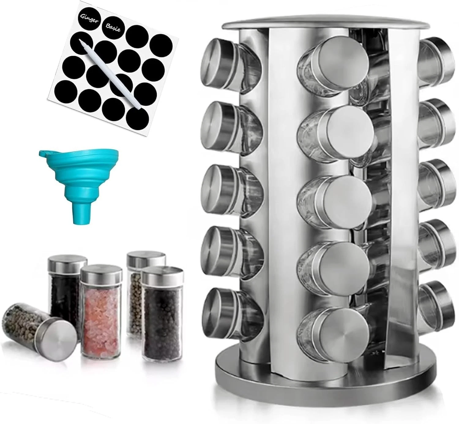 Revolving Spice Rack W/ 20 Jars Rotating Spice Rack Organizer W/ Labels Polished