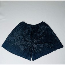 Vintage Deena Black Satin Jacquard Tap Pants Lace Trim Sleep Shorts Made USA M