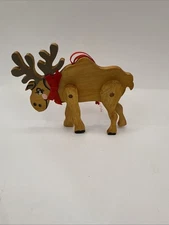 1988 Kurt S Adler Co. Wooden Moose Christmas Ornament Red Ribbon