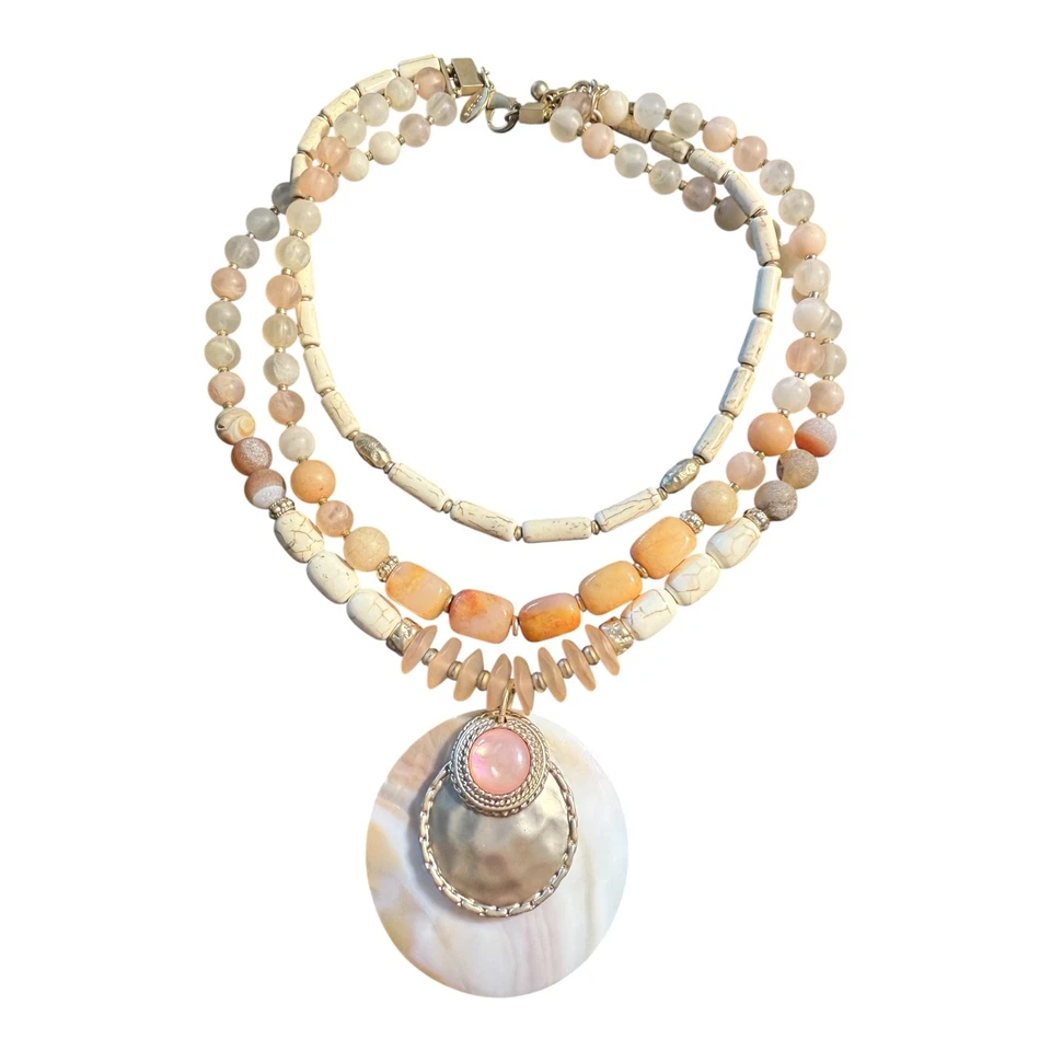 Collar CHICOS Oro y Plata Tonificado Cuentas Redondas Triple Hilo Concha Rosa 16+3" Foto 3 de 4