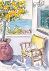 ACEO Original  Balcony cozy  Interior scene  with  cat  Watercolor  ink Painting