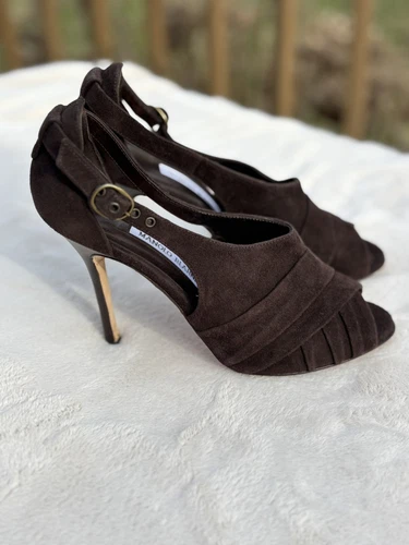 Manolo Blahnik Stiletto Sandals, Size 37, Chocolate Brown Suede