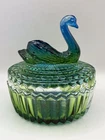 Vintage Jeanette Swan Glass Blue Green Trinket Dish W/ Lid 1950’s
