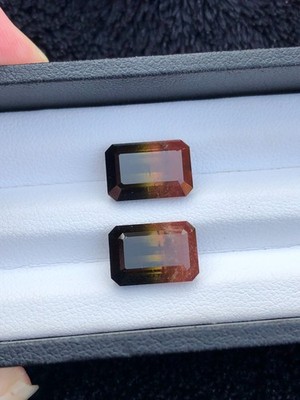 Natural Tri Color Tourmaline Emerald cut Faceted Pair