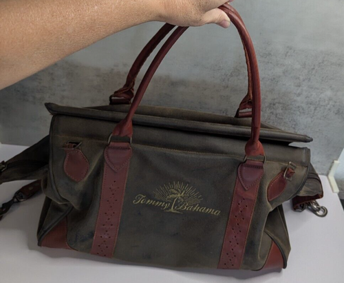 Vintage Tommy Bahama Olive Green Canvas Travel Duffle Bag Brown Leather Handle