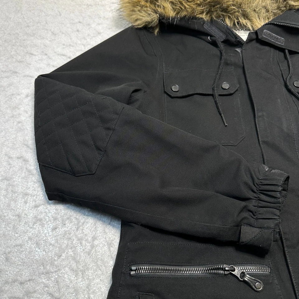 Volcom Parka Jacket Black Shadow Insulated Fur Hood Womens Size Medium M Long - Image 3 of 4