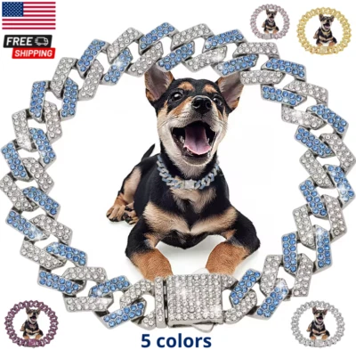 Pet Dog Cat Metal Gold Chain Diamond Cuban Collar Link Luxury Necklace Bling USA
