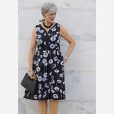 Talbots Womens Size 10 Black Daisy Print Midi Dress Sleeveless