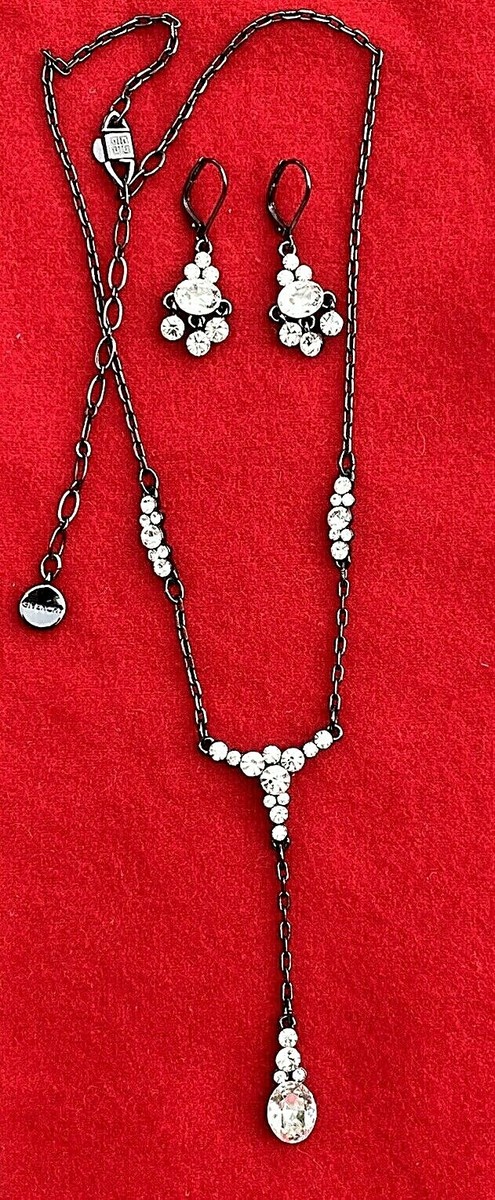 Signed GIVENCHY Gunmetal w/Clear Crystals Y-necklace Dangle Earrings Set