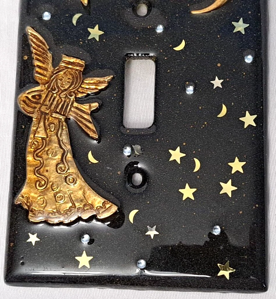 Cubierta de interruptor de luz ecléctica hecha a mano estrellas de luna ángel negro moteado esmaltado Foto 3 de 4