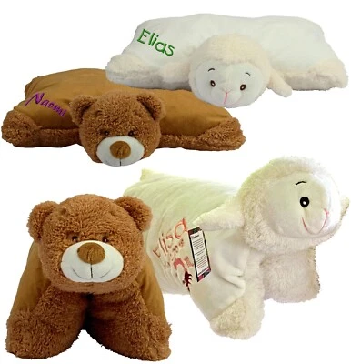 SONDERANFERTIGUNG MIT STICKEREI 2in1 Kuscheltier-Kissen Schaf oder Bär (40cm) mit Motiv/Name & Datum bestickt
