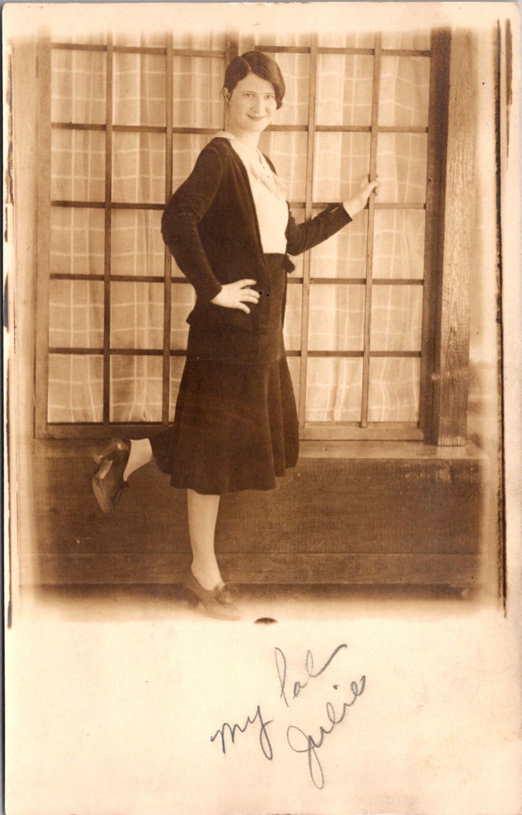 Pretty Young Woman in White Blouse with Dark Sweater & Skirt RPPC Postcard 24074