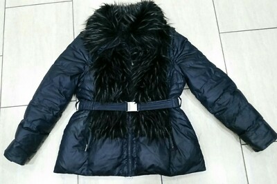 French Connection Womens Fur panel Puffer Winter Down Coat Navy Blue Size L 