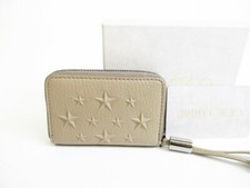 Auth Jimmy Choo Embossed Stars Beige Leather Round Zip Coin Purse 7566