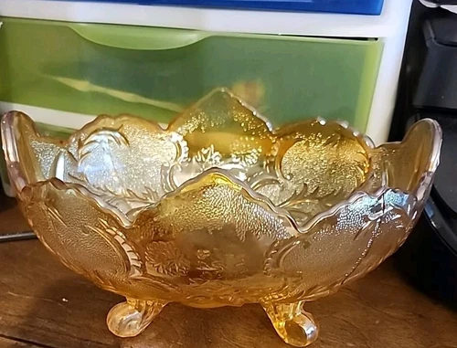 Vintage Carnival Glass Large Footed Peach Floral Edged Fruit Bowl Indiana Glass