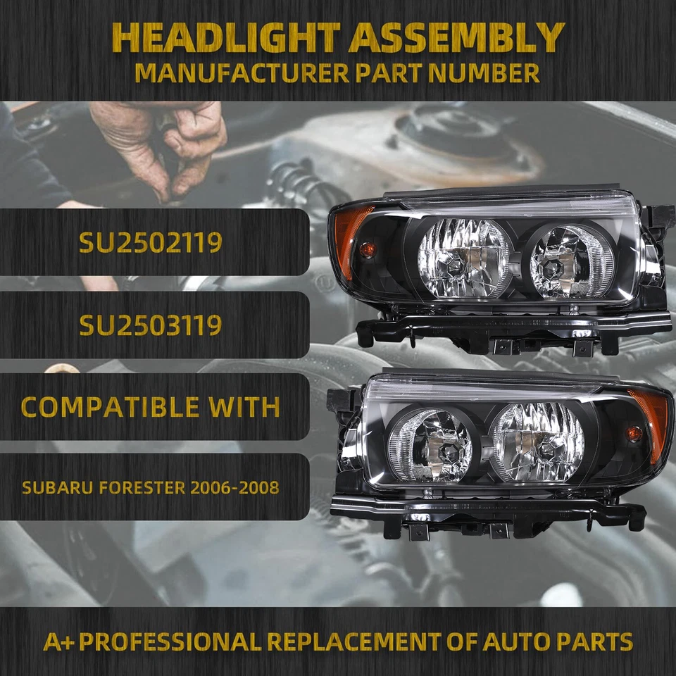 For 2006-2008 Subaru Forester Headlight Set Halogen w/Black Housing Clear Lens  — 第 2/4 张图片