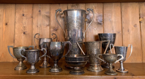 Damaged x 10 vintage silver plate trophies, loving cup