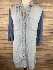 Cloth & Stone Small Tencel Dress Tunic Button Front Blue Two Tone Soft Pockets 