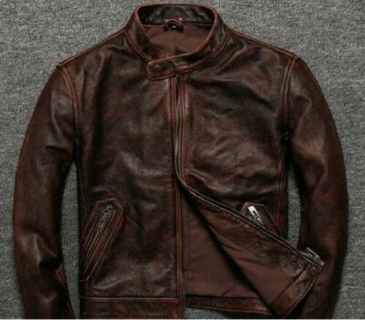 Men's Biker Cafe Racer Vintage Motorcycle Distress Brown Leather Jacket