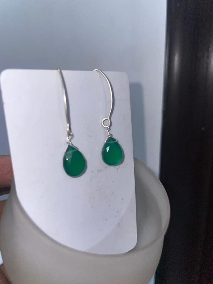 Orecchini in argento sterling 925 con gemma pendente onice verde gioielli da ... - Immagine 2 di 4