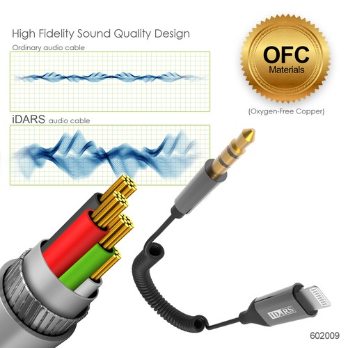Cable en espiral de audio de 3,5 mm con conector Lightning certificado iDARS MFi - negro - Imagen 5 de 9