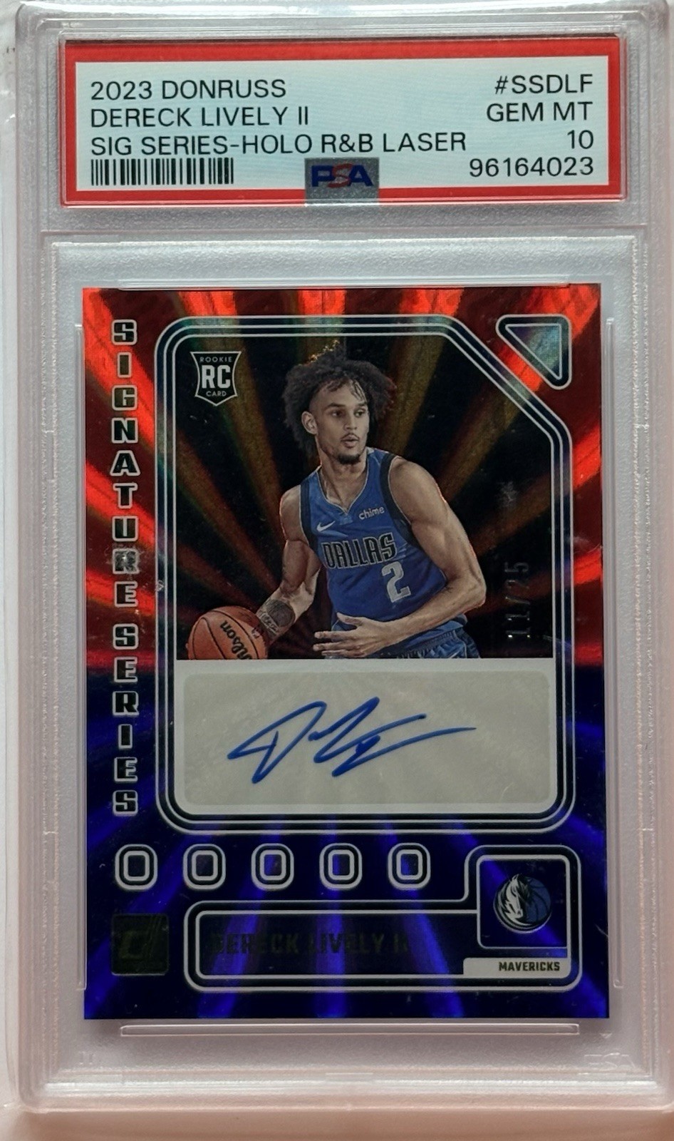 2023 Donruss Derek Lively II RC Auto /25 Red & Blue Laser PSA 10 Mavericks NBA