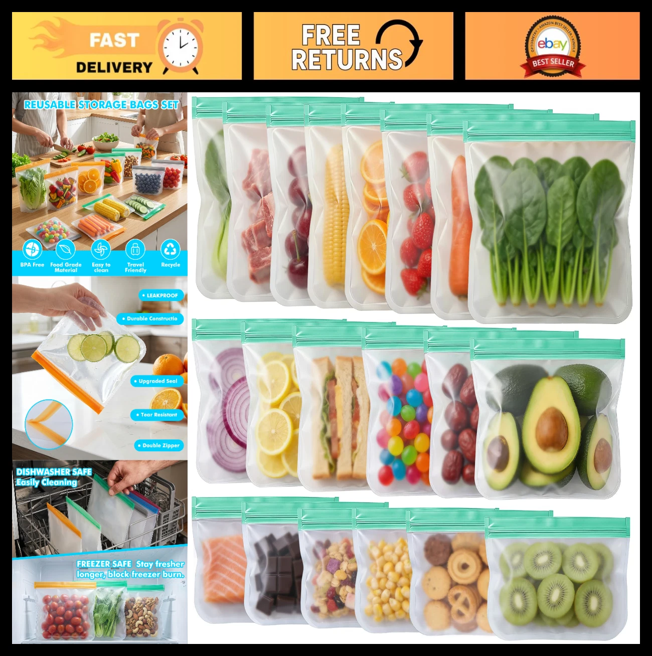 20 Pack Silicone Reusable Freezer Bags - Leakproof, BPA-Free Food Storage, Meal
Opens in a new windo