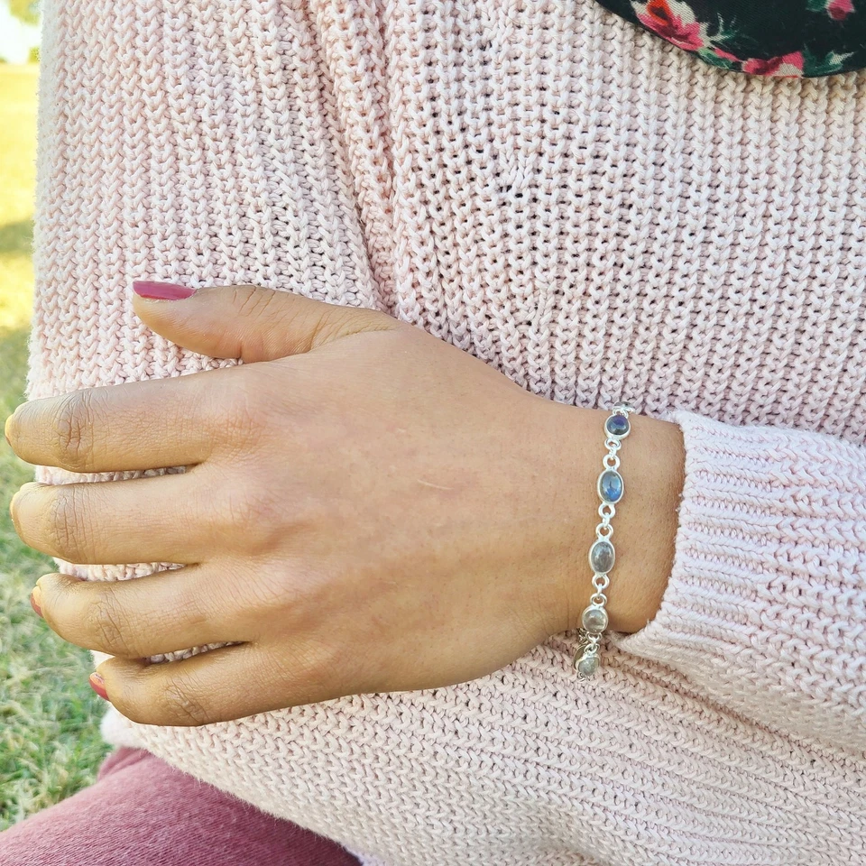 Genuine Labradorite Bracelet 925 Sterling Silver | Boho Gemstone Jewelry Gift US - Image 3 of 4